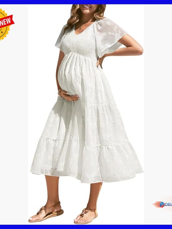 Dresses & Skirts - Maternity Midi Dress Flutter Sleeve Smocked Top A-Line Casual Summer